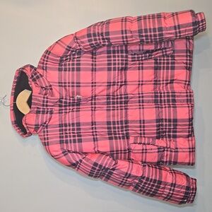 Juicy Couture Black Label Day Glo Pink Tartan Plaid Hooded Down Puffer Jacket